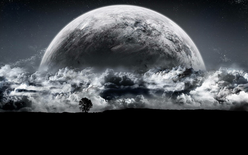 Stunning Grayscale Wallpaper: Enormous Planet & Dramatic Clouds