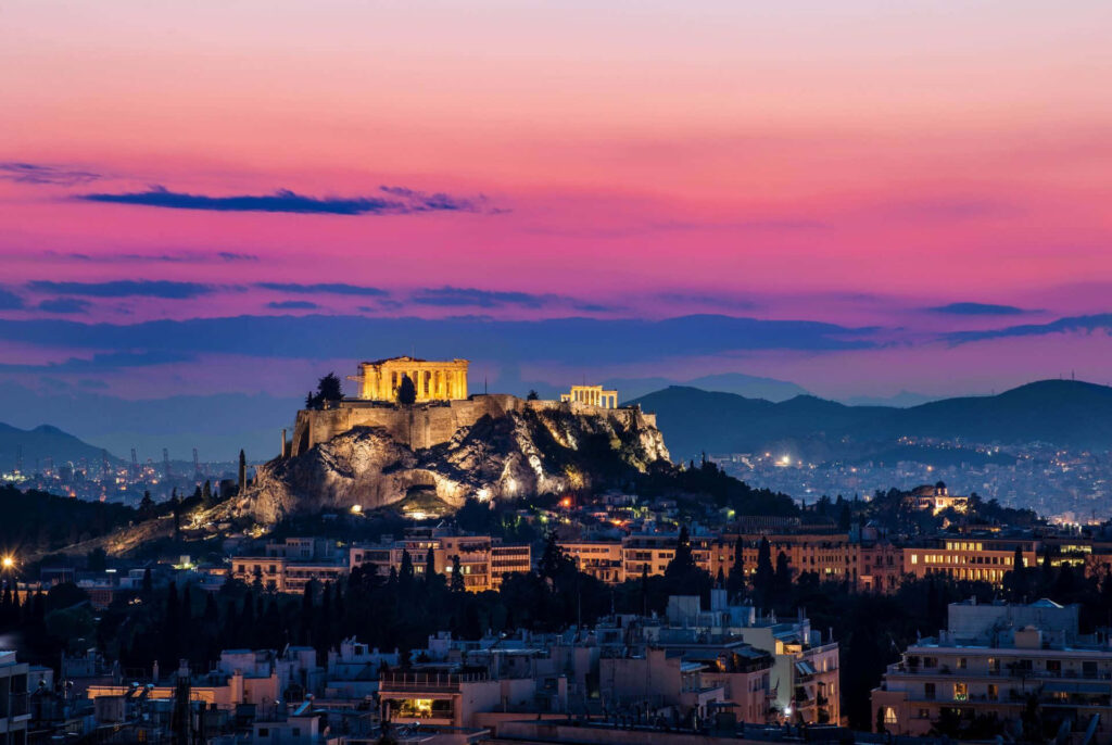Stunning Greece Wallpaper: Illuminated Acropolis at Sunset Sky