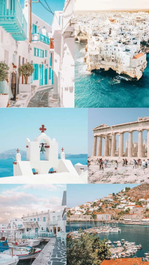 Stunning Greece Travel Collage Wallpaper: Landmarks & Coastal Views