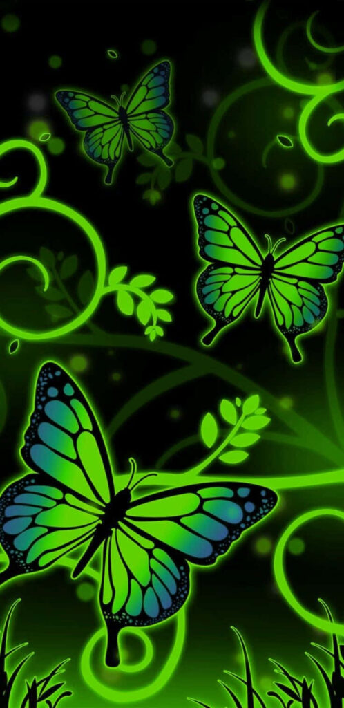 Stunning Green Butterfly Wallpaper with Floral Patterns on Dark Background