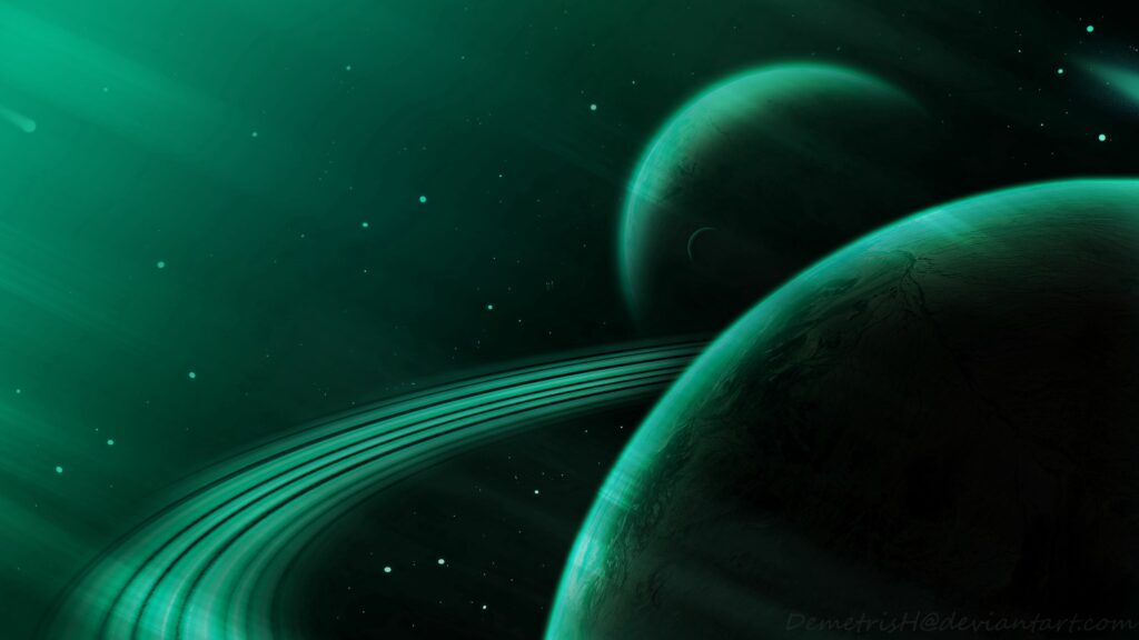 Serene Green Cosmic Wallpaper with Planets and Stars