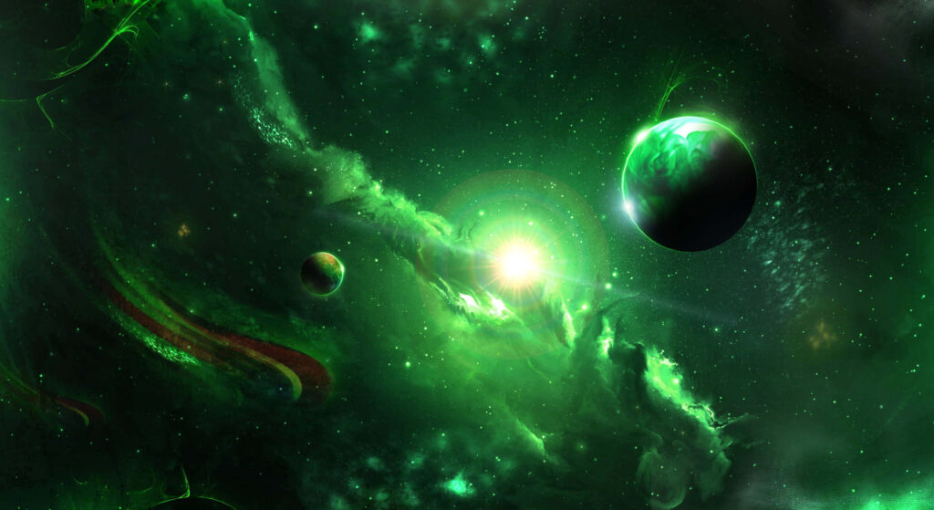 Stunning Green Galaxy Wallpaper with Vibrant Planets & Cosmic Smoke