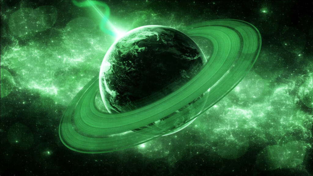 Glowing Green Galaxy Wallpaper with Detailed Planet & Bright Rings