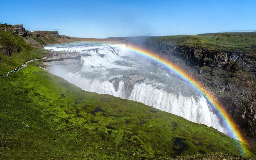 Gullfoss Waterfall Wallpaper: Majestic Rainbow Over Iceland's Beauty