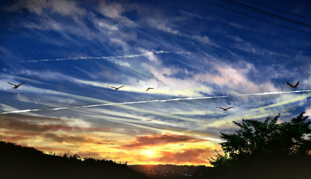 Serene Sunset HD Anime Wallpaper: Vibrant Orange & Blue Landscape