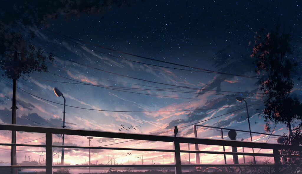 Stunning HD Anime Sunset Landscape Wallpaper with Stars & Trees
