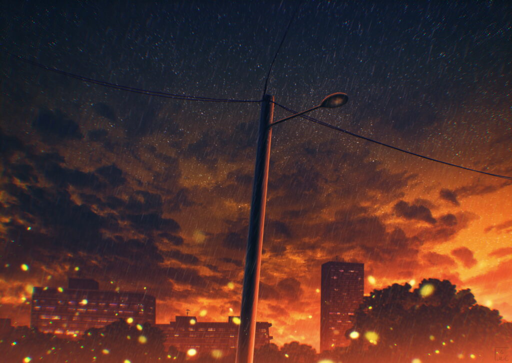 Vibrant HD Anime Wallpaper: Sunset Cityscape with Dramatic Clouds