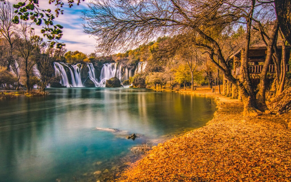 Serene HD Autumn Landscape Wallpaper with Waterfall & River