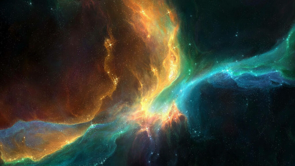 Vibrant blue and yellow cosmic clouds under sparkling stars in this stunning 1920x1080 HD space wallpaper.