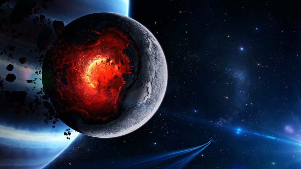 HD space wallpaper: glowing red molten core celestial body amid cosmic debris, starry background.