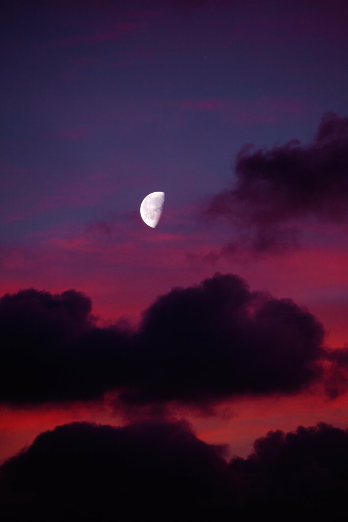 Stunning HD Sunset Sky Wallpaper with Half-Moon & Dramatic Clouds