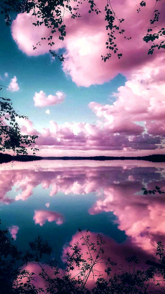 Serene Lake Reflection Wallpaper: Pink Sky & Fluffy Clouds Background