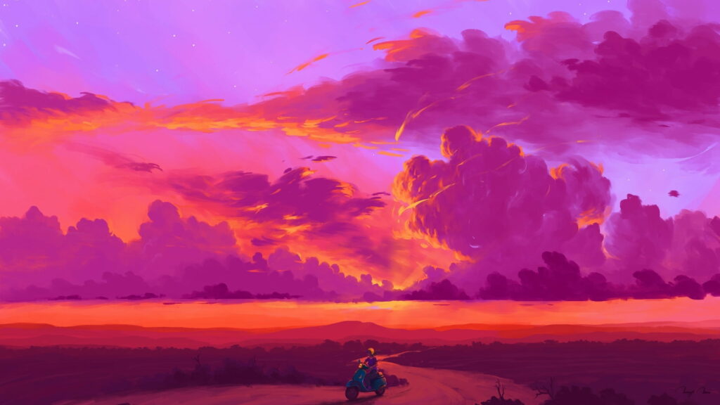 Vibrant Sunset Landscape: Motorcyclist Adventure HD Wallpaper
