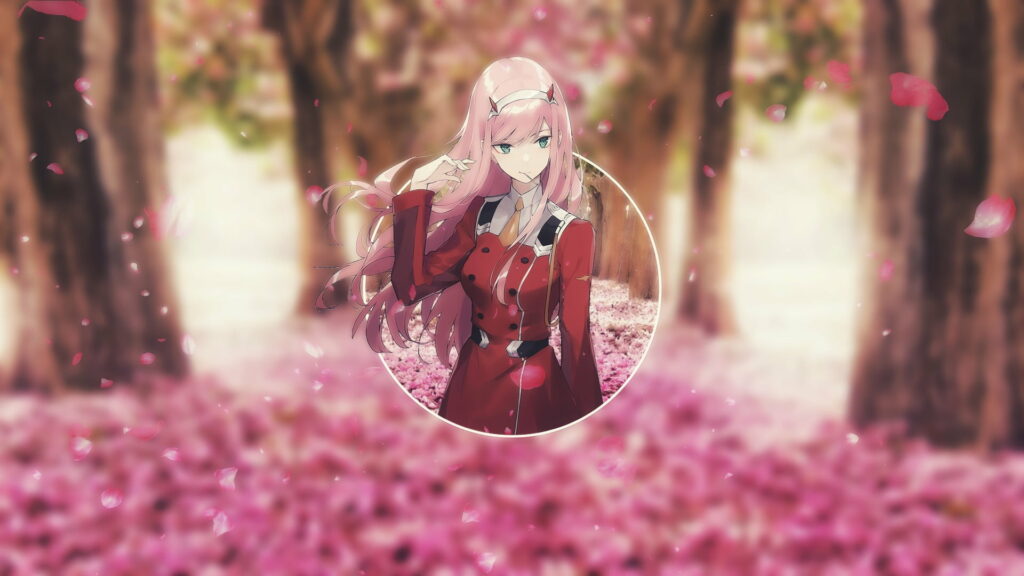 Zero Two Anime Wallpaper Featuring Pink-Haired Character in Blush-Toned Forest Setting