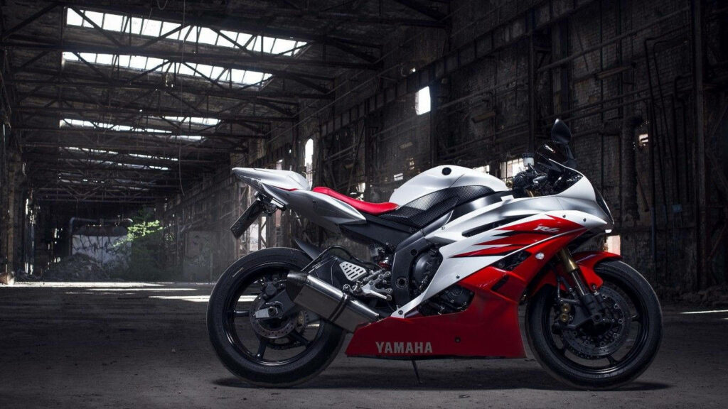 HD Yamaha R6 Motorcycle Wallpaper: Bold Red & White in Warehouse