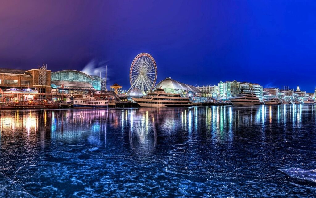 Vibrant Nighttime Harbor Wallpaper: Stunning HDR Scene with Ferris Wheel