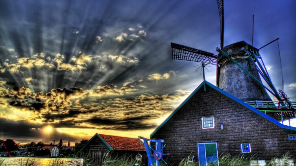 Stunning HDR Windmill Wallpaper with Dramatic Sunset Sky