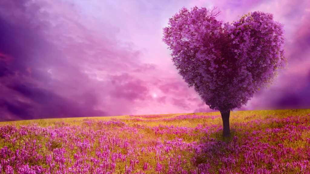 Heart-Shaped Tree Wallpaper: Blooming Spring Meadow Under Purple Sky