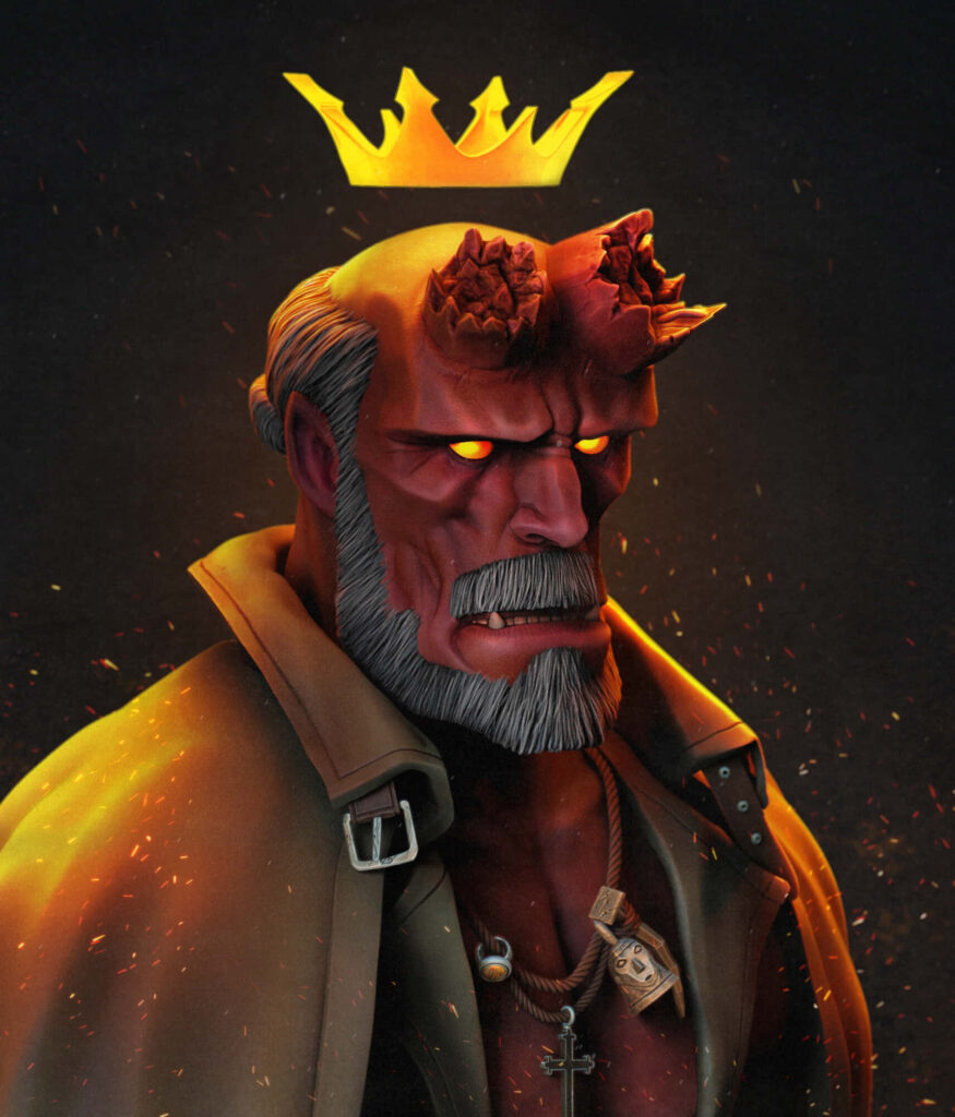 Fiery Hellboy Wallpaper: Iconic Character with Crown and Glowing Eyes