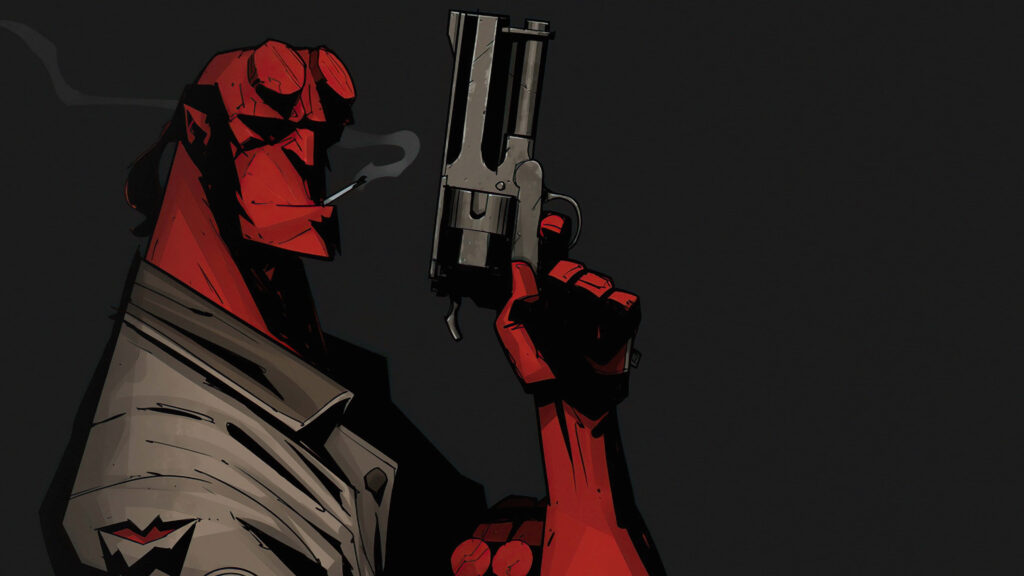 Stunning Hellboy Wallpaper: Bold Red Skin & Gun in Dark Art Background