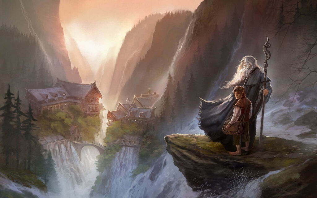 Epic Hobbit & Wizard Wallpaper: Mystical Mountain Kingdom Scene