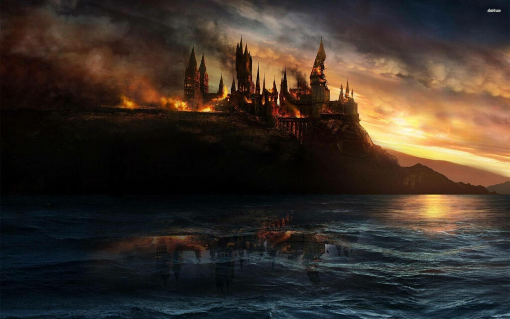 Haunting Hogwarts Wallpaper: Fiery Sunset Reflection Background