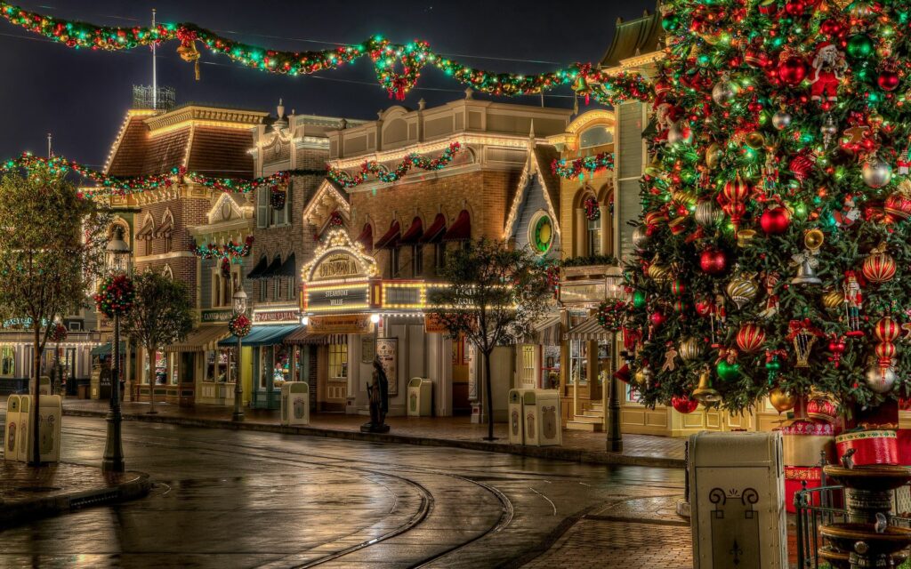 Festive City Street Wallpaper: Colorful Holiday Cheer in HDR