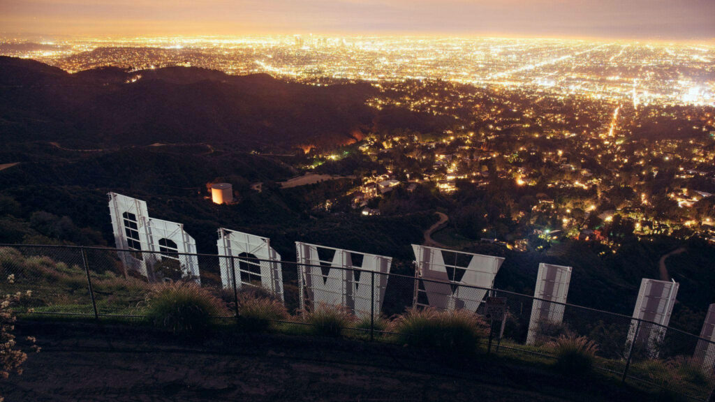 Stunning Hollywood Sign Night View: Los Angeles Cityscape Wallpaper