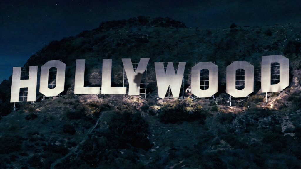 Stunning Nighttime Hollywood Sign Wallpaper - Close-Up Hilltop View