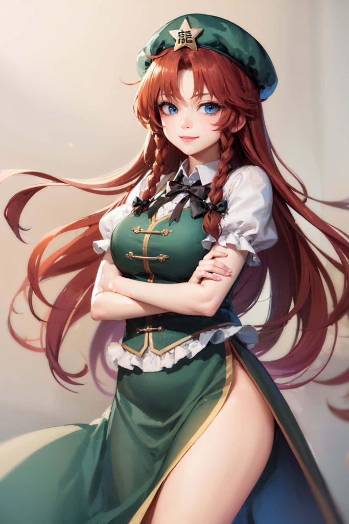 Anime digital art of Hong Meiling in green uniform with braided hair and star cap wallpaper