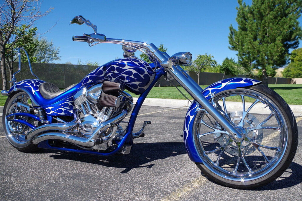 Stunning Hooligan Bobber Bike Wallpaper with Blue Flames & Chrome