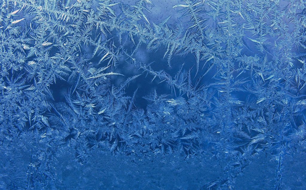 Macro photo of intricate blue fern-like frost patterns on glass ice wallpaper background