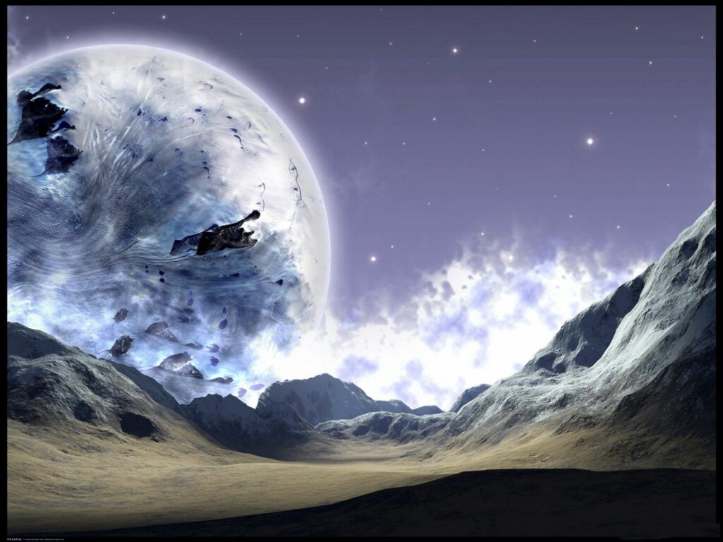 Icy Planet Landscape Wallpaper: Surreal Starry Night Background