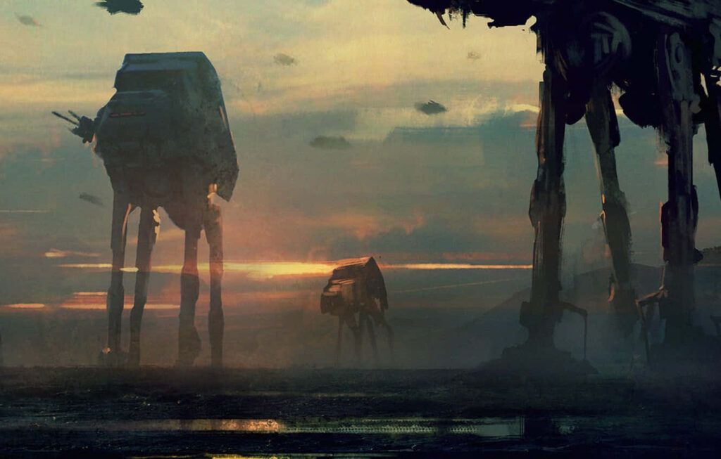 Cinematic Wallpaper: AT-ATs in Post-Apocalyptic Sunset Landscape