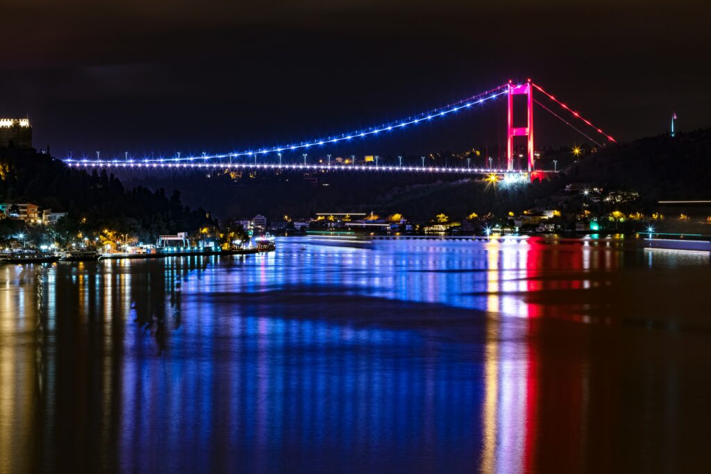 Stunning Istanbul Bridge at Night: Colorful Reflections Wallpaper