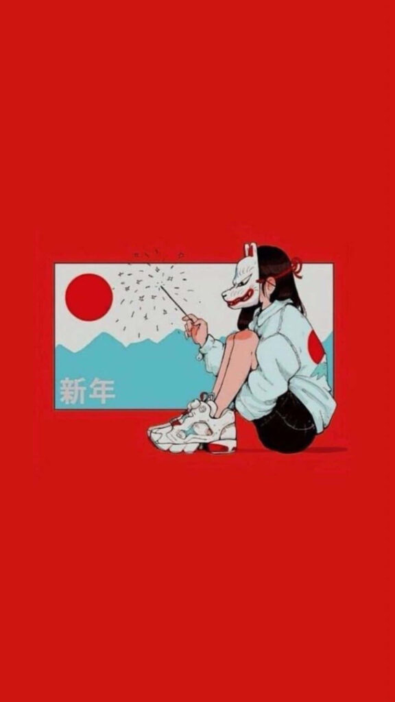 Vibrant Japanese Anime Wallpaper: Fox Mask Character & Red Motif