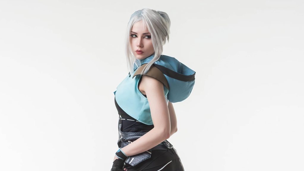 Jett Valorant cosplay studio portrait silver hair blue black tactical suit white background wallpaper