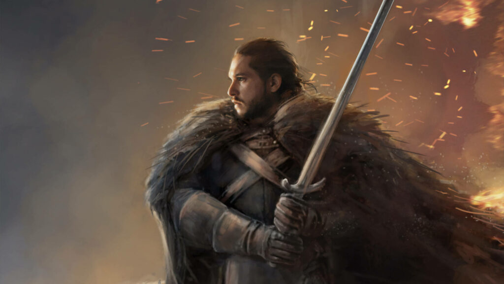 Jon Snow Wallpaper: Fierce Sword Stance with Fiery Background