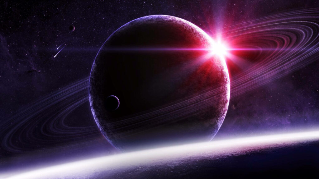 Stunning Gas Giant Wallpaper with Glowing Rings and Red Light Background