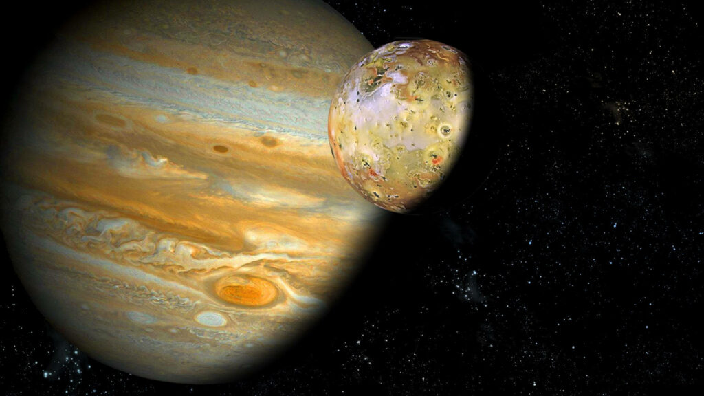 Majestic Jupiter Wallpaper: Great Red Spot & Io Against Deep Space