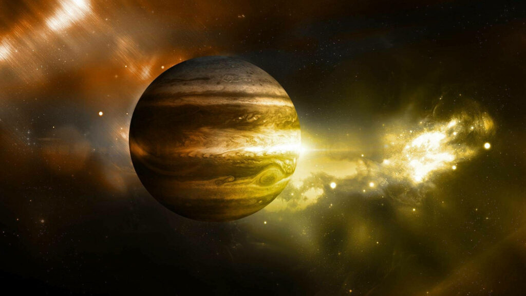 Stunning Jupiter Wallpaper: Warm Yellow Light & Cosmic Nebula Background