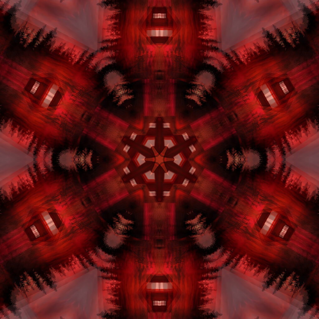 Deep Red Kaleidoscopic Wallpaper with Star-Like Geometric Design