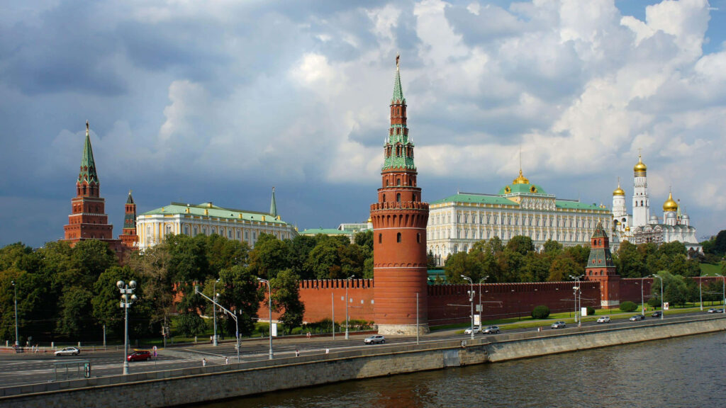 Stunning Kremlin Moscow wallpaper with red towers Grand Kremlin Palace and golden cathedral domes