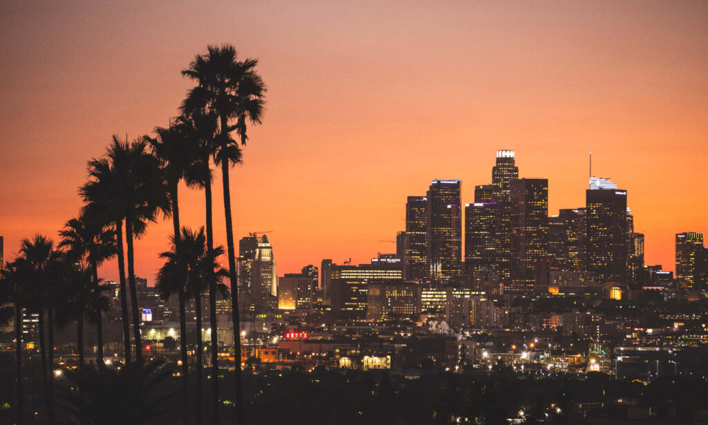 Stunning LA Skyline Sunset Wallpaper with Palm Trees - Vibrant Background