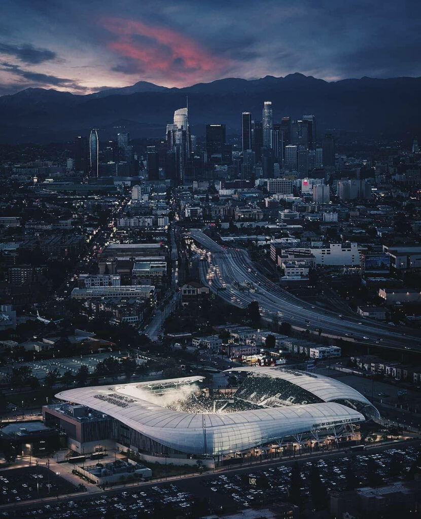 Stunning Aerial Night View of LAFC Stadium: Cityscape Wallpaper