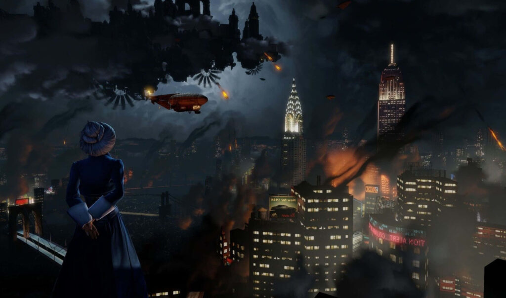 Stunning Lady Comstock Wallpaper: Fiery Cityscape & Mystery