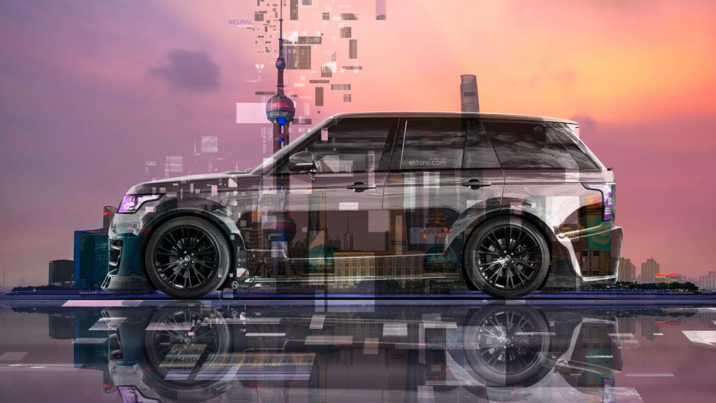 Futuristic Land Rover Wallpaper: Vibrant Cityscape & Geometric Patterns