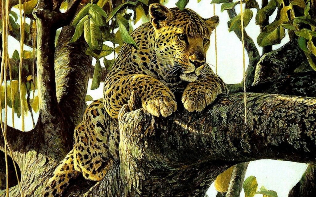 Stunning Leopard Wallpaper: Majestic Art on Tree Branch Background