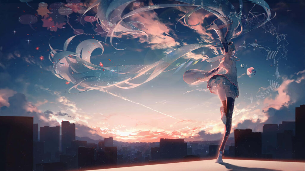 Chill Lo-Fi Anime Wallpaper: Graceful Girl on Rooftop at Sunset