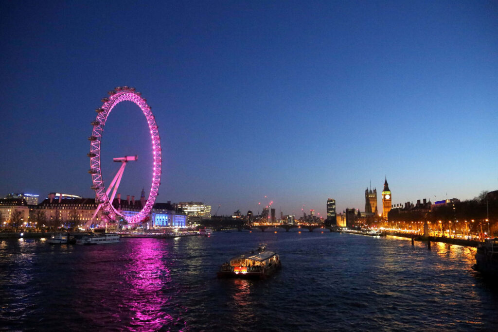 Stunning London Eye Evening View: Purple Lights & River Thames Reflection Wallpaper